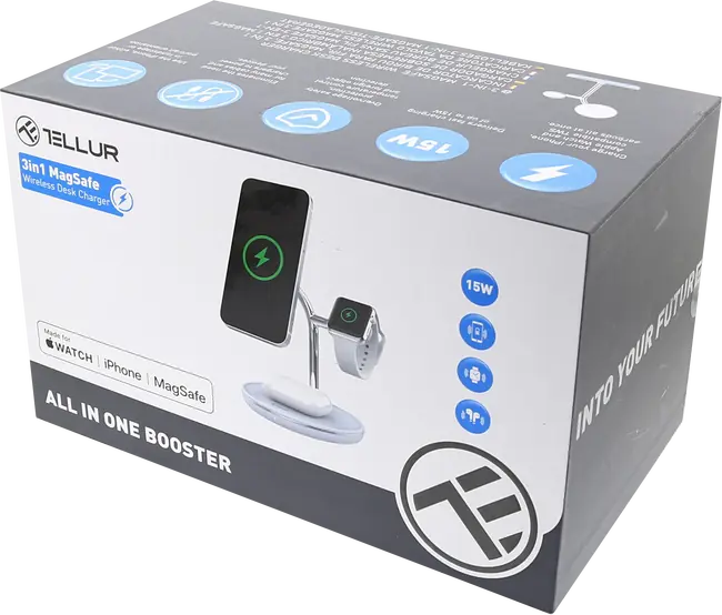 TELLUR 3-IN-1 MAGSAFE CERTIFIED WIRELESS DESK CHARGER, 15W, WATCH 2.5W, TWS 5W, WHITE