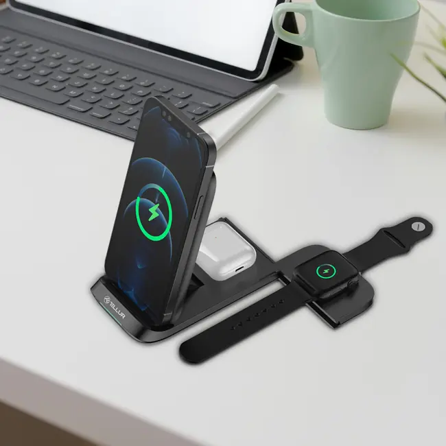 TELLUR 3-IN-1 QI WIRELESS DESK CHARGER, 15W, QI CERTIFIED, FOLDABLE, BLACK