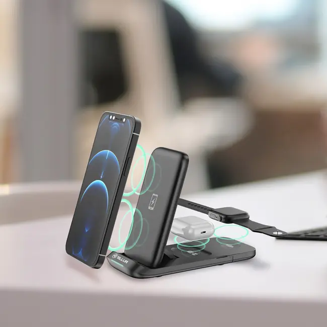 TELLUR 3-IN-1 QI WIRELESS DESK CHARGER, 15W, QI CERTIFIED, FOLDABLE, BLACK