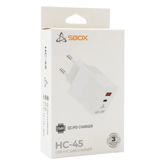 USB KUĆNI PUNJAČ SBOX HC-45 / 2 ULAZA 45W GAN